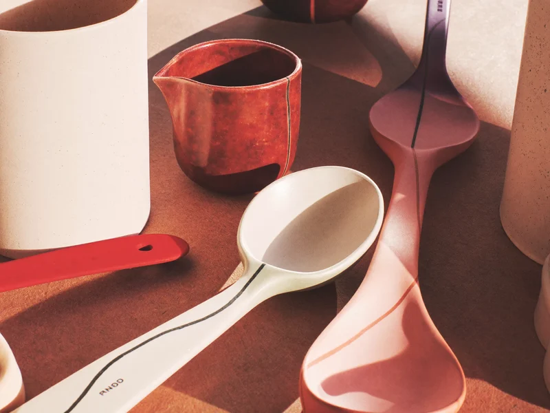 Dettaglio illustrato di superficie materica e finitura di un utensile da cucina
